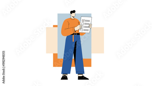 Man holding checklist, completing tasks, business concept, flat design illustration