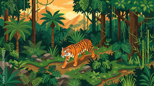 A majestic tiger walks along a winding path through a lush, vibrant jungle at sunset, with palm trees and mountains in the background.