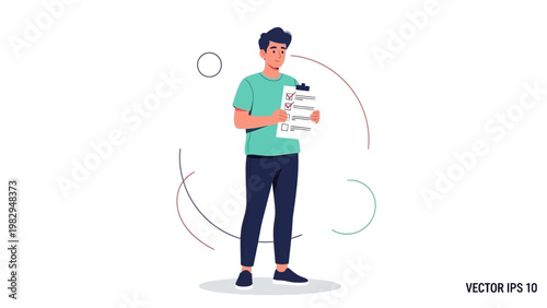 Man holding checklist, completing tasks, planning, and organization concept