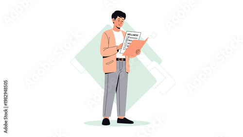 Man holding wellness checklist, planning healthy lifestyle, making choices