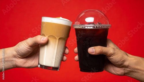 Two beverages held in hands, with an eye-catching red backdrop, creating a moment of conviviality and enjoyment