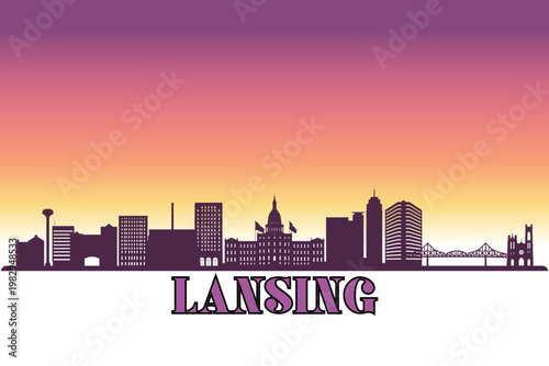 Global city Lansing, Michigan shown in a detailed vector skyline with a twilight sky