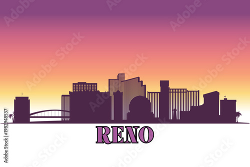 Global city Reno, Nevada shown in a detailed vector skyline with a twilight sky