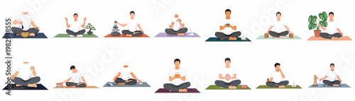 Set of flat vector illustrations depicting a man practicing various meditation, mindfulness, and relaxation techniques with wellness props on a yoga mat.