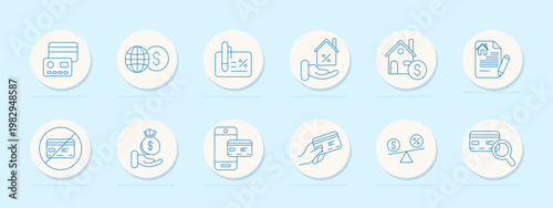 Digital payment banking set icon. Blue line badges, card terminal, globe currency, discount tag, interest slider, house percent, home coin, contract sheet, blocked card, money hand, phone pay, scale.
