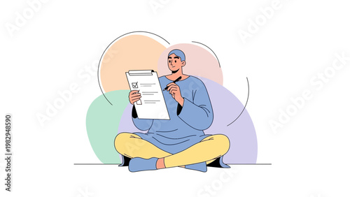 Man in traditional attire filling out a checklist on a clipboard, sitting cross-legged