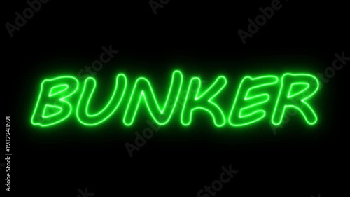 Flickering neon bunker sign animated black background. neon bunker text animation