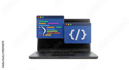 Vector illustration of 3d laptop computer with code editor windows and programming symbols on a transparent background