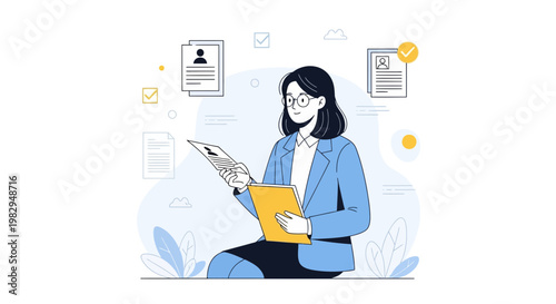 Woman reviewing documents, recruitment and hiring concept, illustration