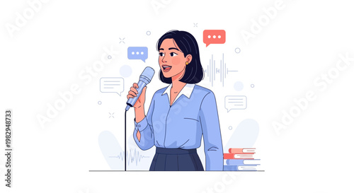 Woman Speaking into Microphone, Speech Bubbles, Sound Waves, Books - Illustration