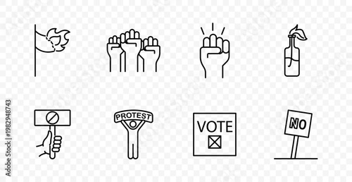 Protest set icon. Flag, raised fists, resistance, molotov, placard, demonstration, vote sign, rejection symbol, civil action, political expression