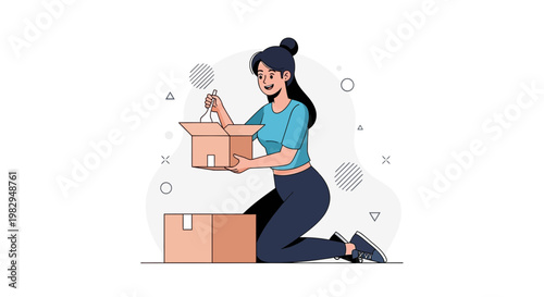 Woman Unpacking Cardboard Box, Receiving Package, Online Shopping Delivery, New Item