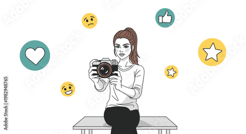 Woman taking selfie with camera surrounded by social media icons and emojis