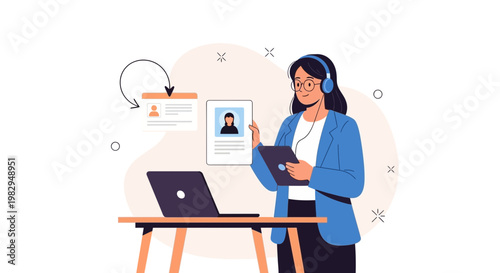 Woman with headphones and tablet, online learning, remote work, digital ID, laptop