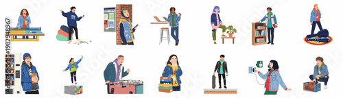 A diverse collection of illustrated teenagers and young adults engaged in various hobbies, sports, and social activities, representing youth culture and lifestyle.