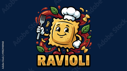 Ravioli Mascot Cartoon Chef Illustration.