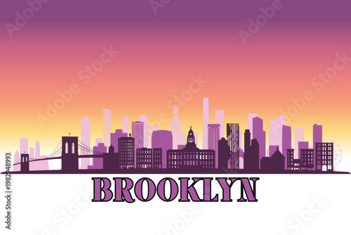 Brooklyn, New York shown in a detailed vector skyline with a twilight sky