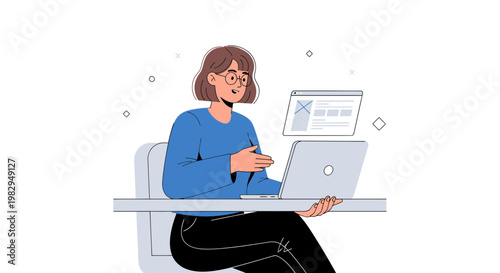 Woman working on laptop, online learning, remote work, digital nomad concept