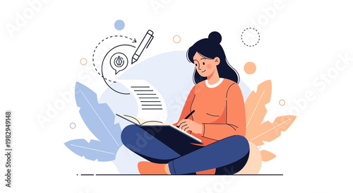 Woman Writing in Notebook, Creative Process, Idea Generation, Journaling, Illustration