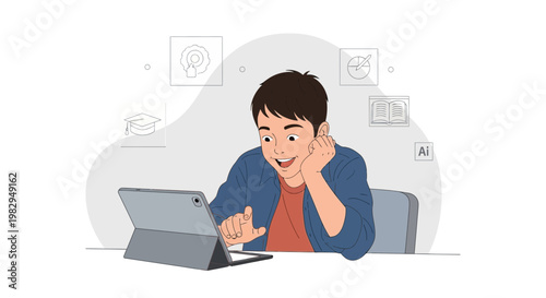 Young boy happily studying on a tablet, online education concept, modern learning