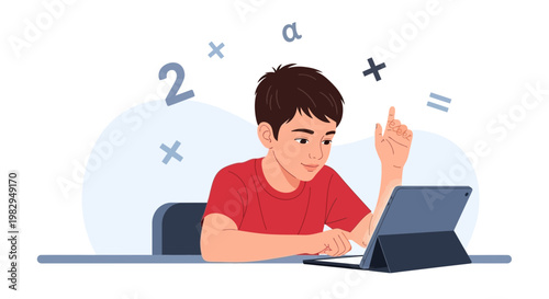 Young boy learning math online on a tablet, with mathematical symbols floating around.