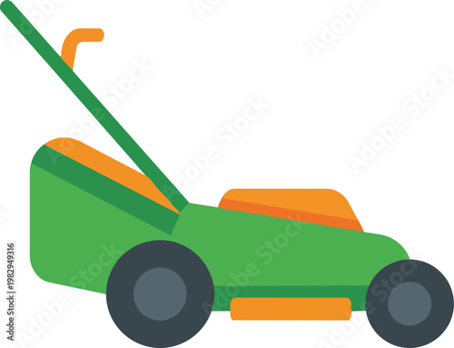 Green lawn mower with orange handle.