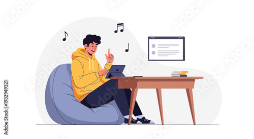 Young man in yellow hoodie listening to music on tablet, sitting in bean bag chair