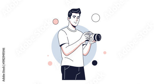 Young Man Photographer Holding Camera, Capturing Moments, Creative Hobby, Modern Illustration