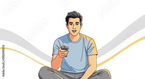 Young Man Playing Video Game Holding Controller, Sitting Cross-legged, Smiling