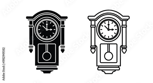 Two black and white illustrations of antique wall clocks with pendulum details