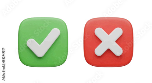 Vector illustration of 3d render of green check mark and red cross mark icons on a transparent background
