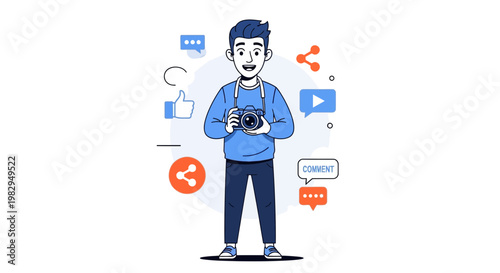 Young man with camera surrounded by social media icons, photography concept