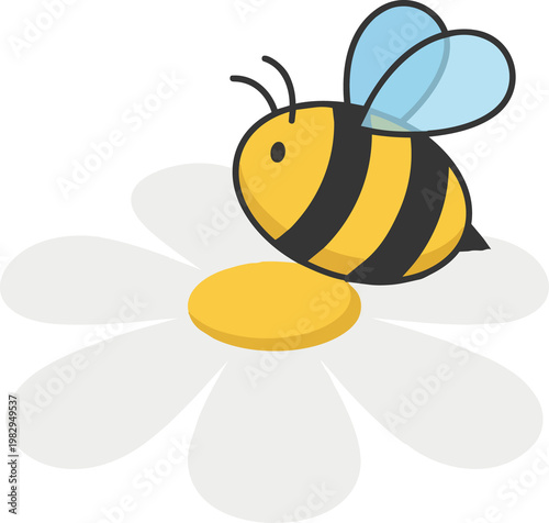 Whimsical Cartoon Bee On Bright White Daisy.