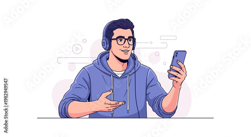 Young man with headphones and glasses video calling on smartphone, casual style, illustration