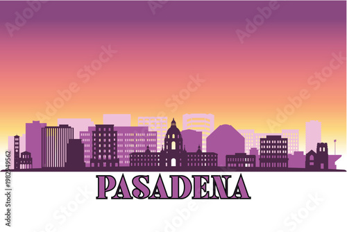 Global city Pasadena, California shown in a detailed vector skyline with a twilight sky