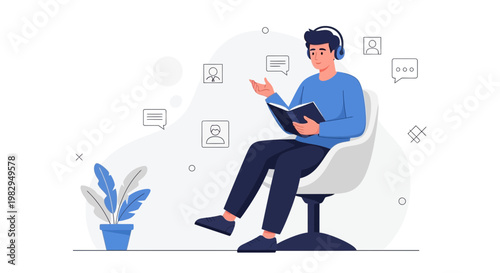 Young Man with Headphones Reading Book in Online Meeting, Virtual Communication