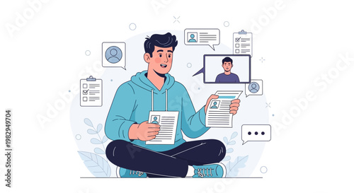 Young Man with Resume and Video Call for Job Application