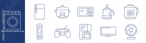 Household appliances set icon. Collection with washing machine, refrigerator, rice cooker, microwave, kettle, multicooker, remote control, gamepad, coffee machine, television, fan.