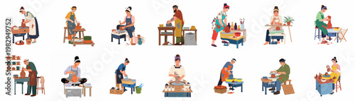 Illustrations of diverse potters and ceramic artists crafting various vessels and sculptures using pottery wheels and hand-building techniques in a creative workshop.
