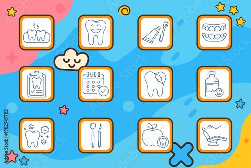 Dental hygiene set icon. Tooth pain, smiling tooth, toothpaste brush, braces, dental report, appointment calendar, cracked tooth, mouthwash bottle, bacteria, dental tools, apple tooth, chair.
