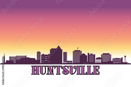 Global city Huntsville, Alabama shown in a detailed vector skyline with a twilight sky