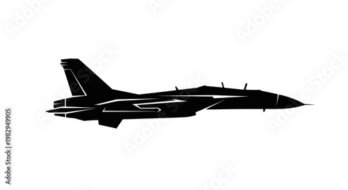 Silhouette of a modern fighter jet airplane in flight, black and white.