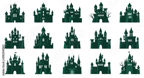 Collection of Green Castle Silhouettes, Gothic Architecture, Fantasy Fortress Icons