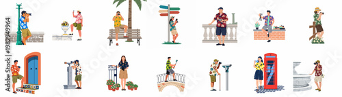 Set of flat vector characters representing tourists on vacation, wearing aloha shirts and taking pictures with cameras and phones.