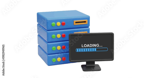Vector illustration of 3d illustration of a server rack stack with a computer monitor loading screen on a transparent background