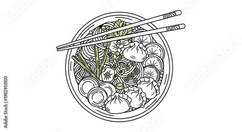 Hand-drawn Asian noodle soup with dumplings and chopsticks, top view, minimalist sketch