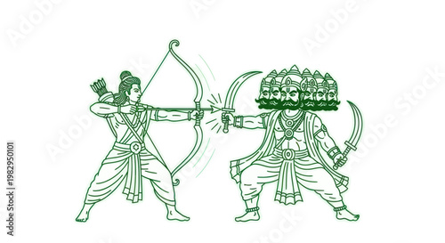 Lord Rama battles Ravana, illustration of epic Indian mythology duel, Hindu tradition