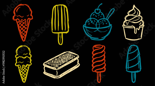 A vibrant collection of hand-drawn quick doodle illustrations featuring various ice creams, popsicles, and frozen desserts, presented on a black background