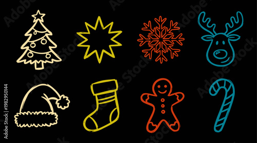 A collection of colorful hand-drawn Christmas quick doodle illustrations featuring a tree, reindeer, gingerbread man, and other holiday icons