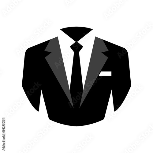 Logo moda de caballero. Dibujo minimalista con la silueta de un hombre con traje, camisa y corbata, visto de frente con forma de círculo 